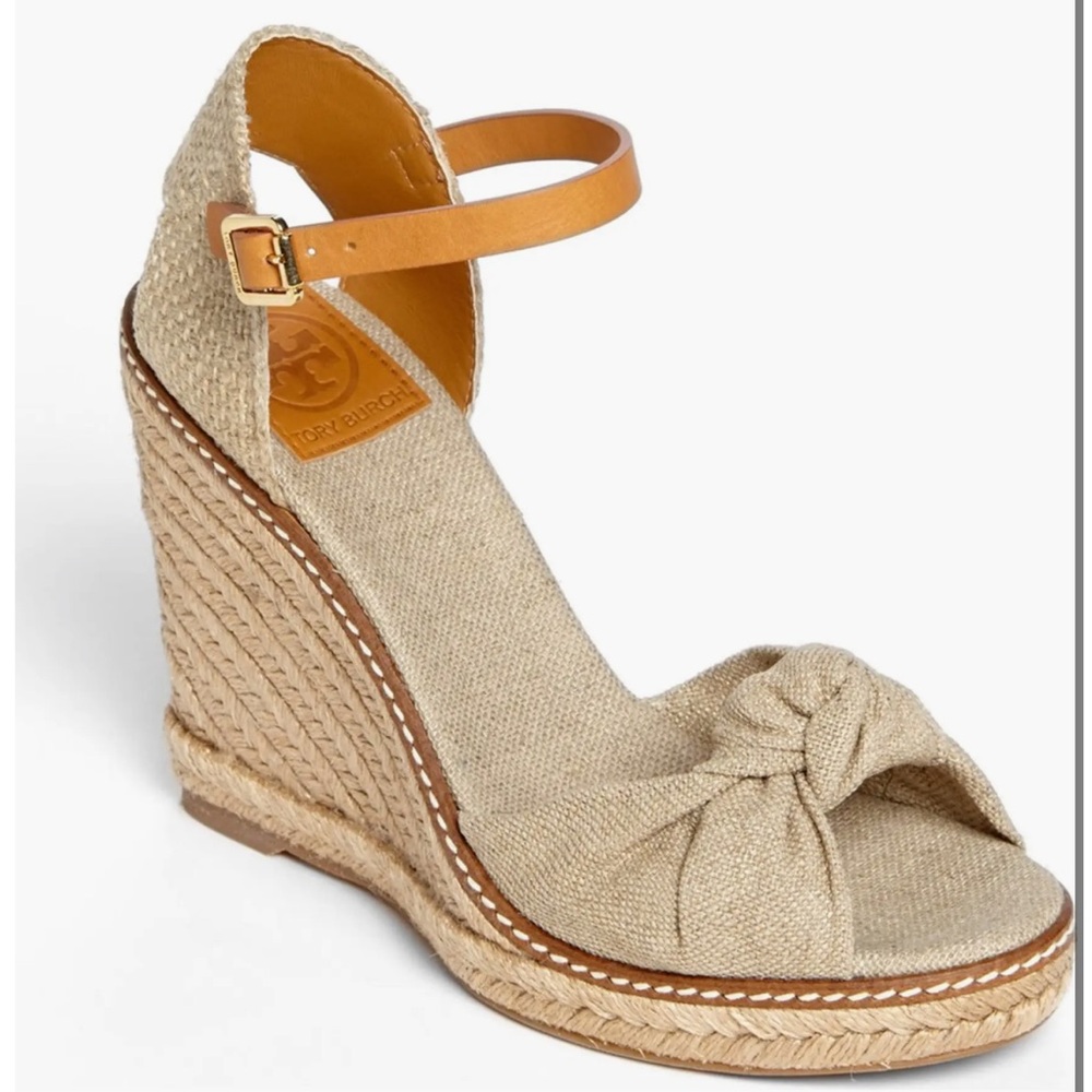 Tory Burch Beige Canvas Knot Espadrille Wedge with Tan Ankle Strap